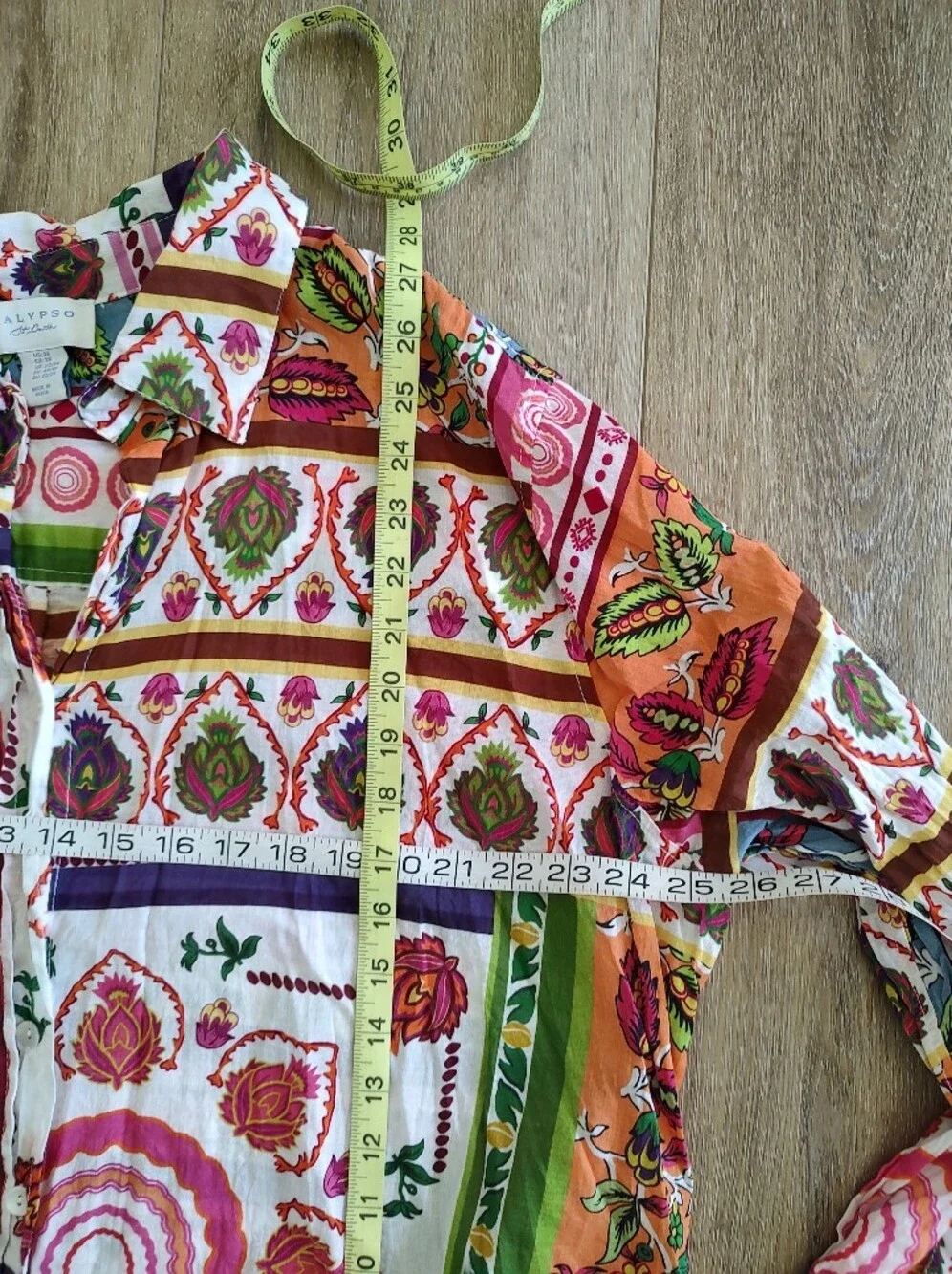 Calypso St. Barth Patchwork Style Festive Floral Red Button Down Shirt 2X